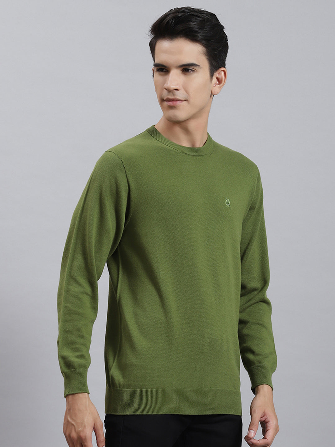 Men Olive Solid Round Neck Full Sleeve Sweaters/Pullovers