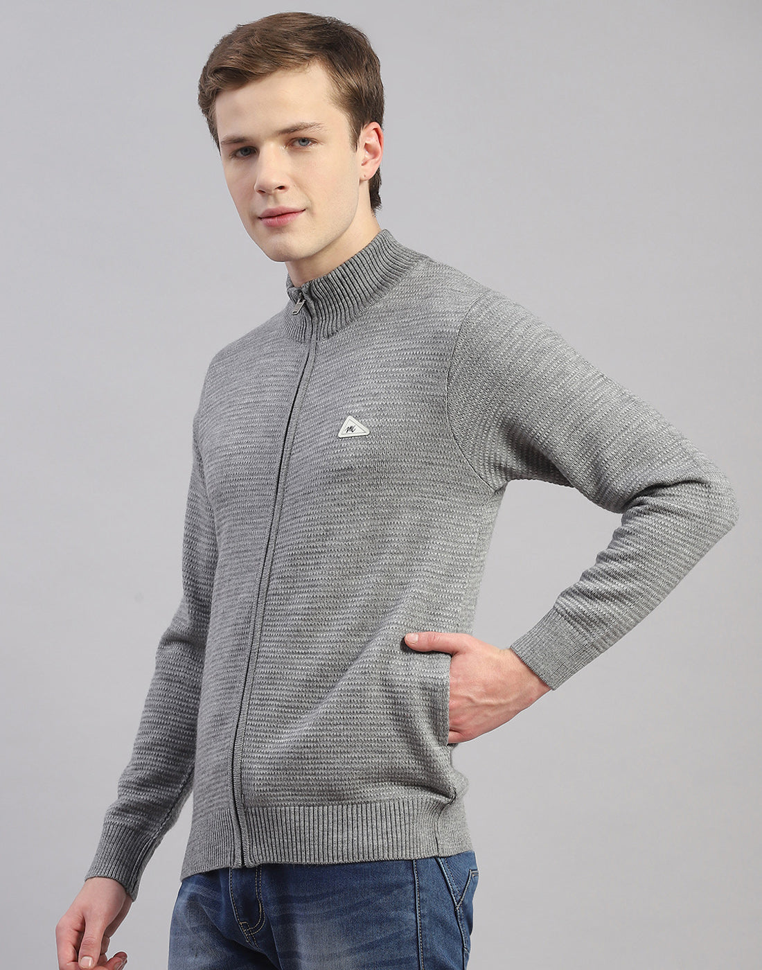 Men Grey Melange Solid H Neck Full Sleeve Pullover