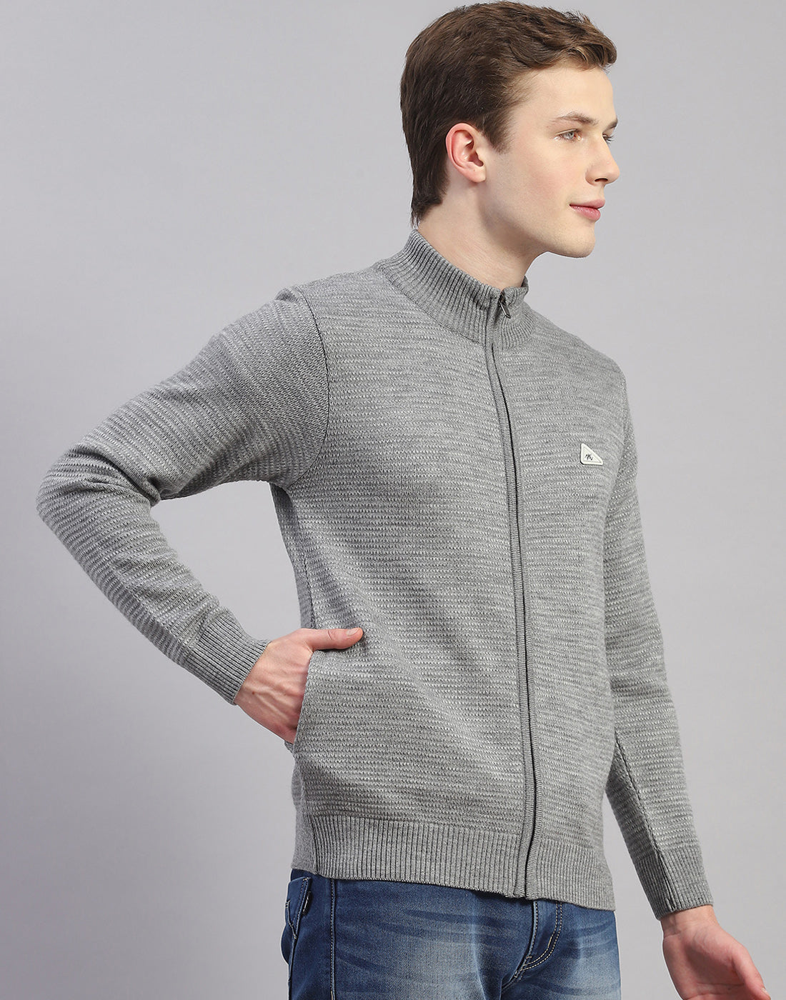 Men Grey Melange Solid H Neck Full Sleeve Pullover