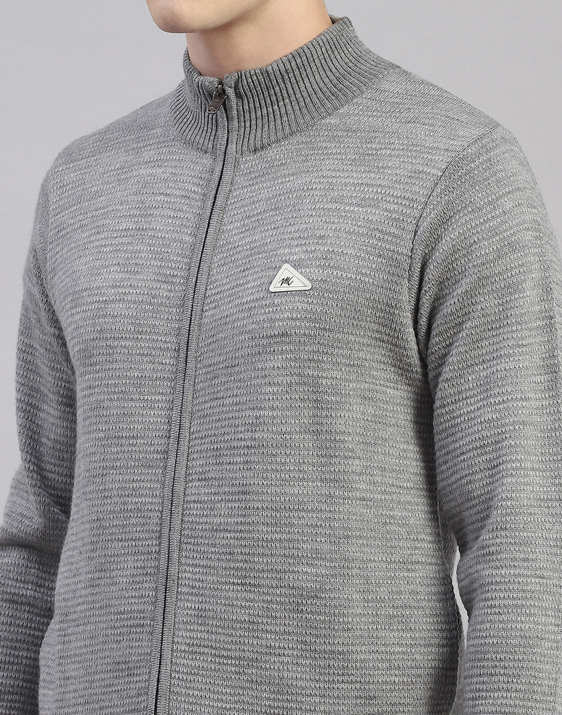 Men Grey Melange Solid H Neck Full Sleeve Pullover