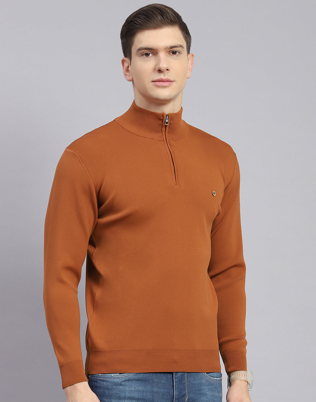 Men Rust Solid H Neck Full Sleeve Sweater