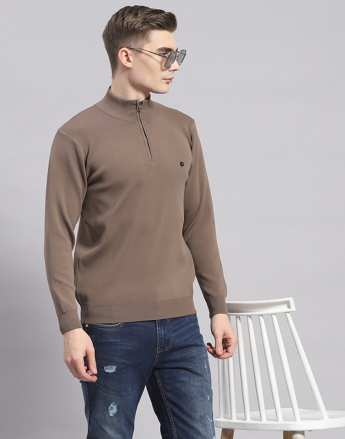 Men Brown Solid H Neck Full Sleeve Pullover