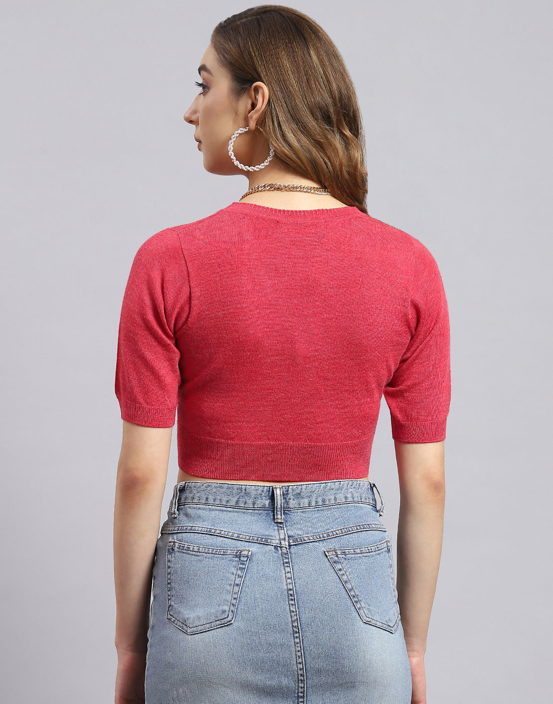 Women Red Solid V Neck Half Sleeve Blouse