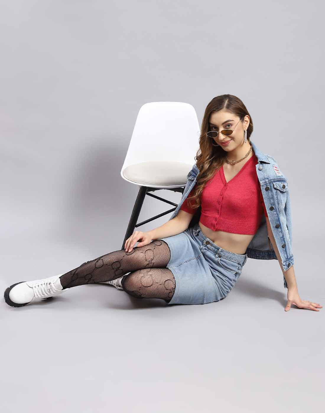 Women Red Solid V Neck Half Sleeve Blouse