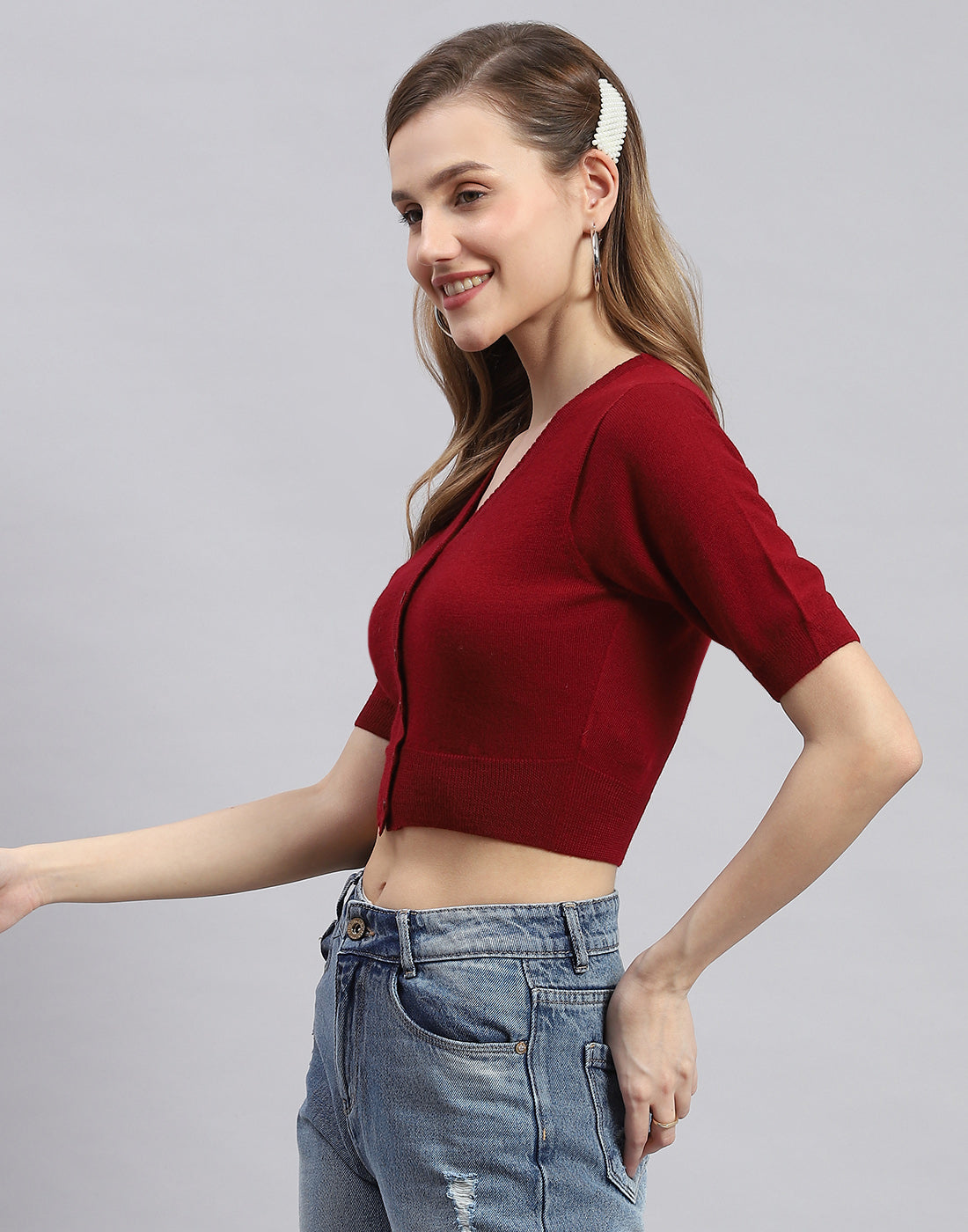 Women Maroon Solid V Neck Half Sleeve Sweater