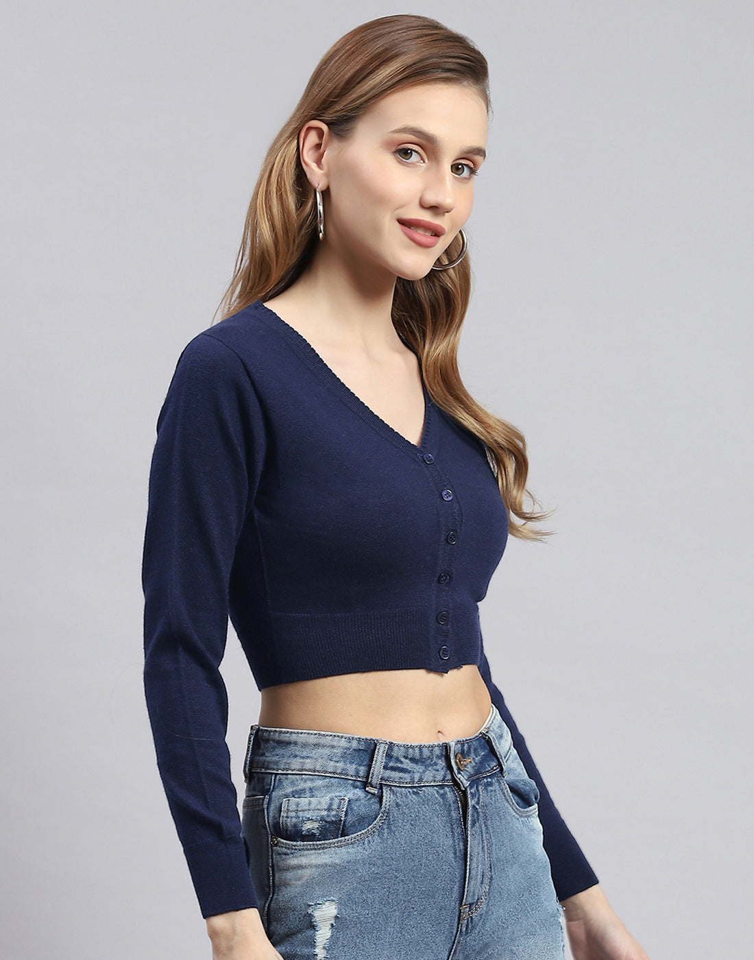 Women Navy Blue Solid V Neck Full Sleeve Sweater