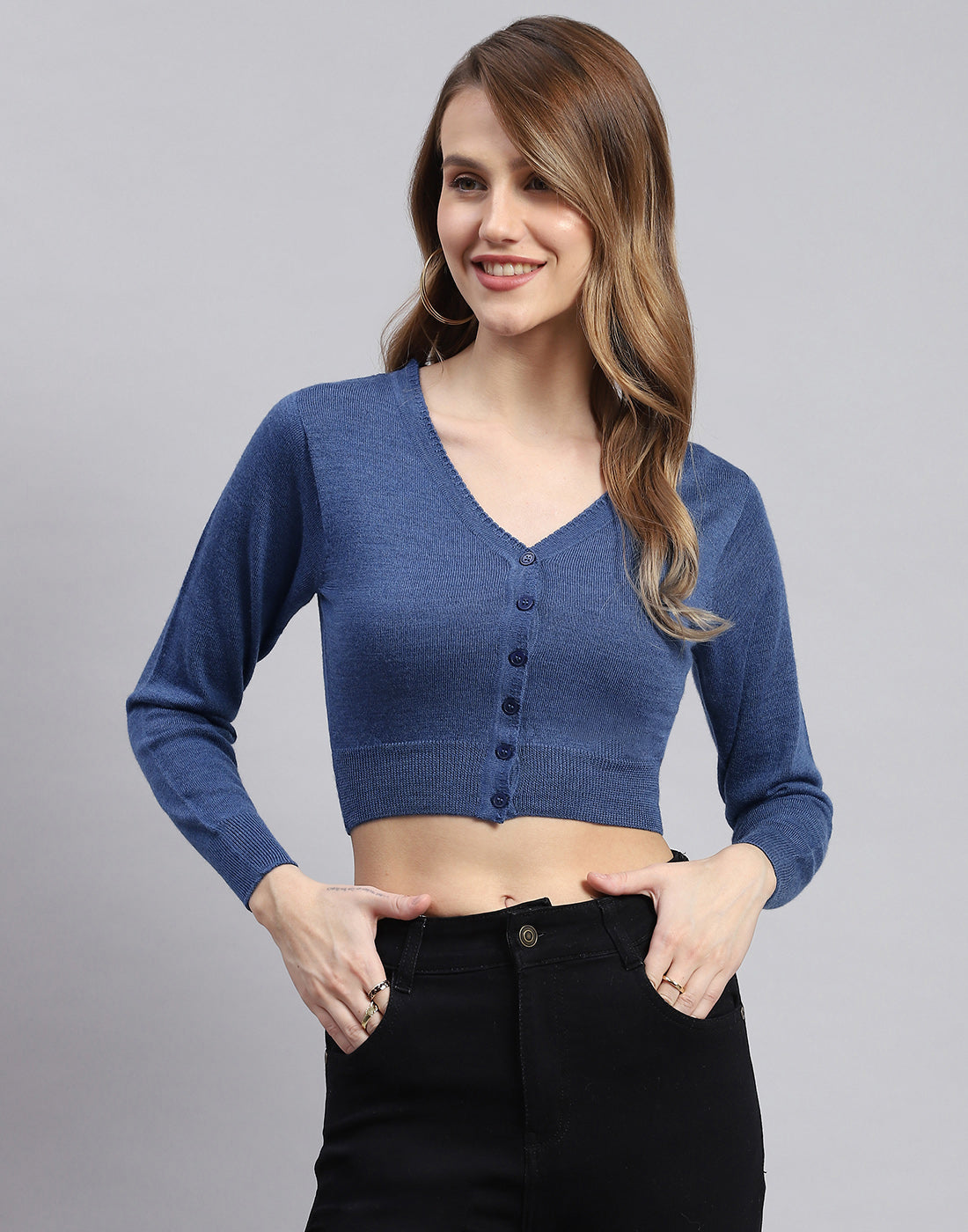 Women Blue Solid V Neck Full Sleeve Sweater