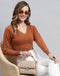Women Brown Solid V Neck Full Sleeve Sweater
