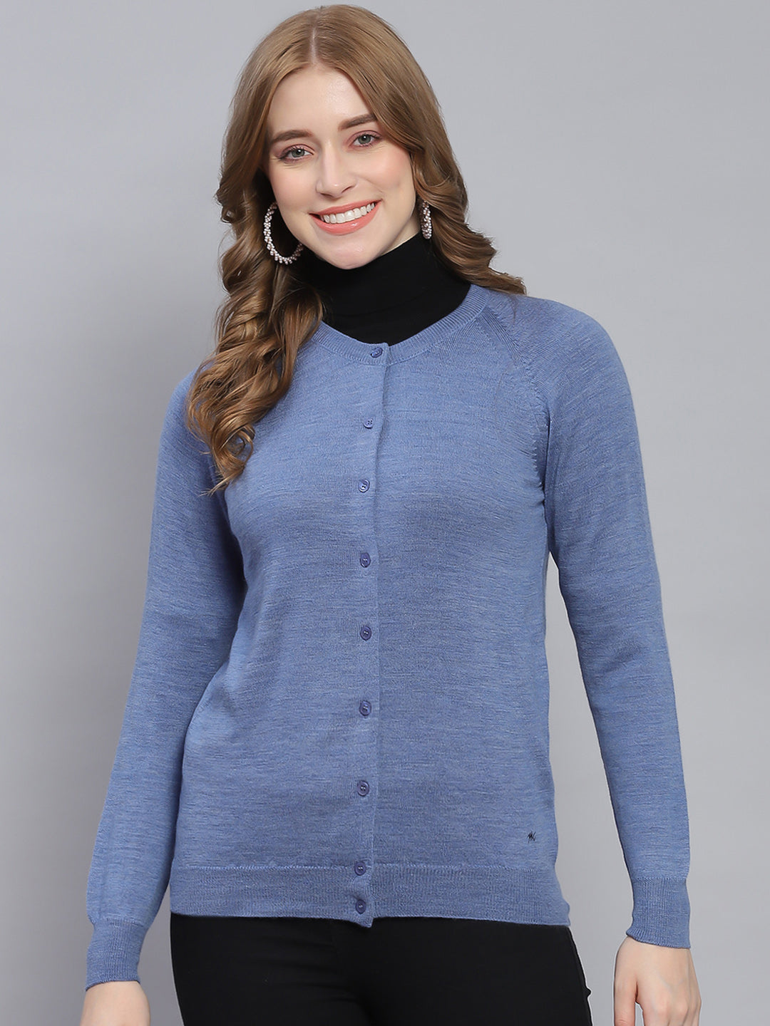 Women Blue Solid Round Neck Full Sleeve Cardigans