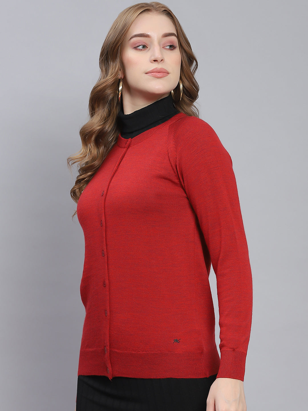 Women Red Solid Round Neck Full Sleeve Cardigans