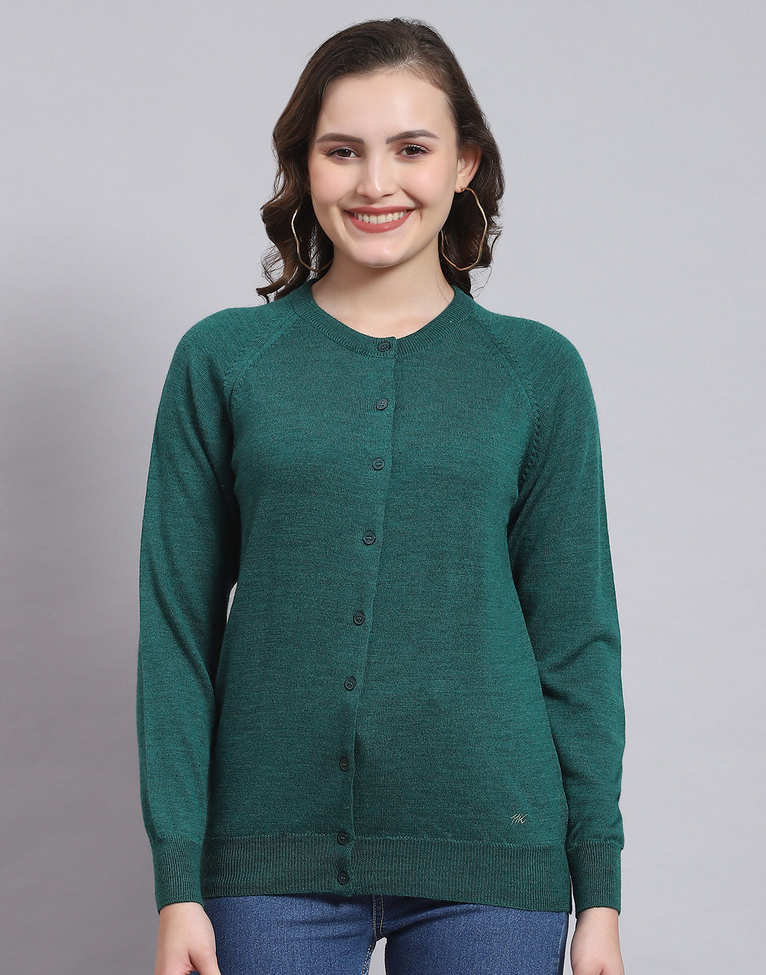 Women Teal Blue Solid Round Neck Full Sleeve Sweater