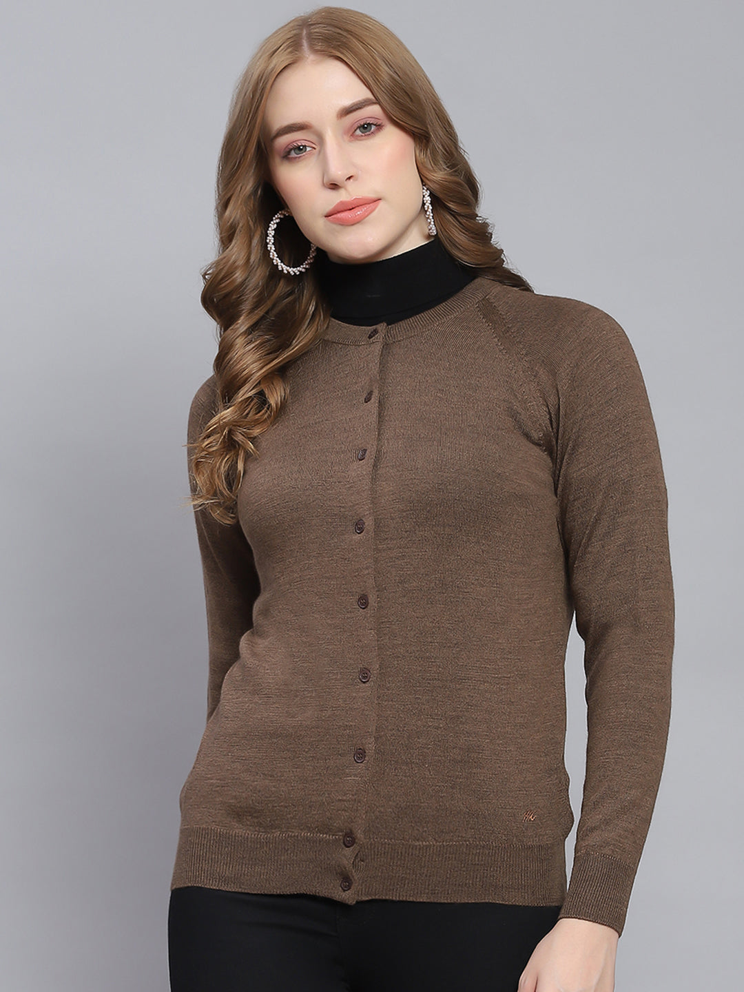Women Brown Solid Round Neck Full Sleeve Cardigans