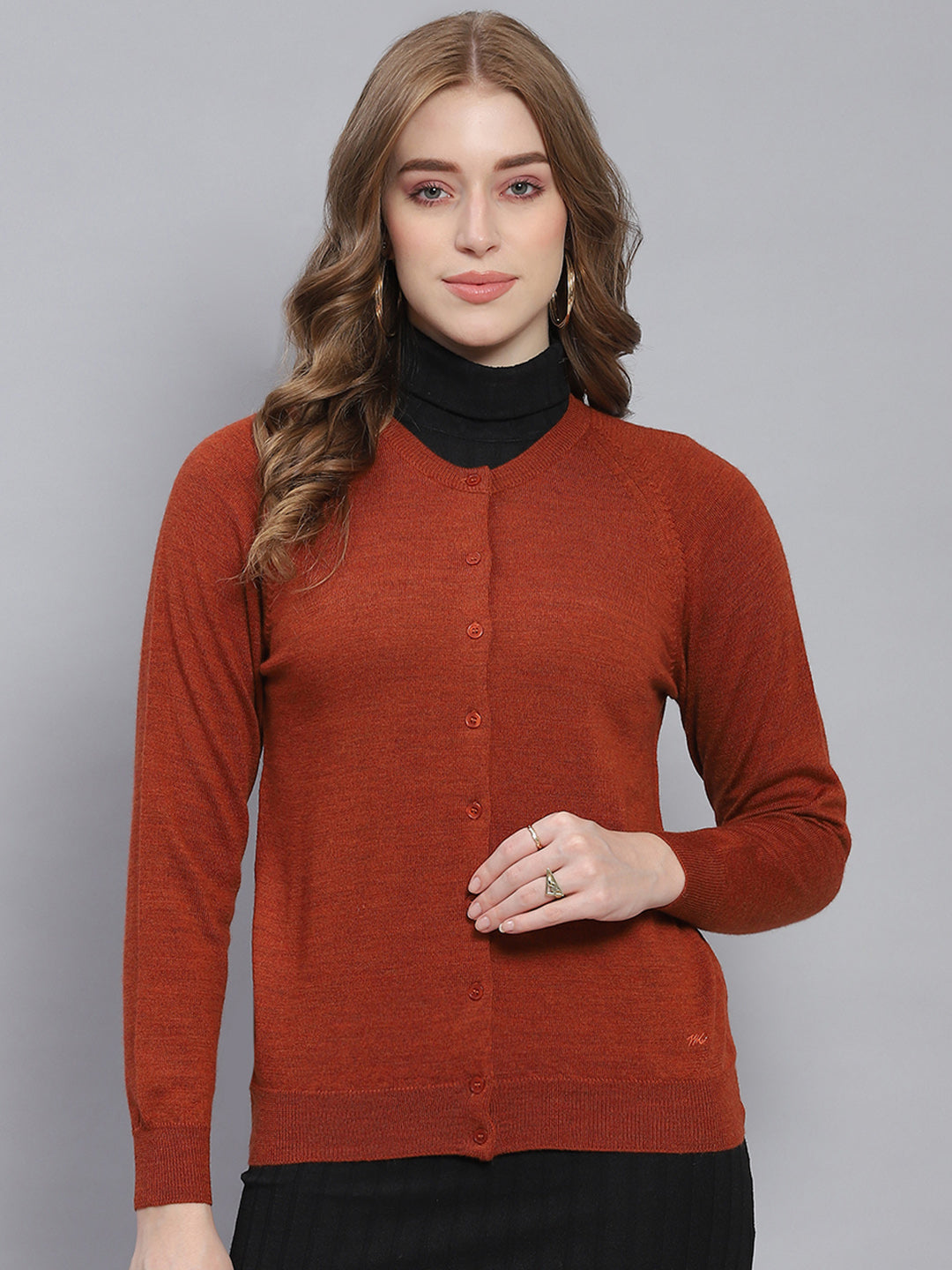Women Rust Solid Round Neck Full Sleeve Cardigans