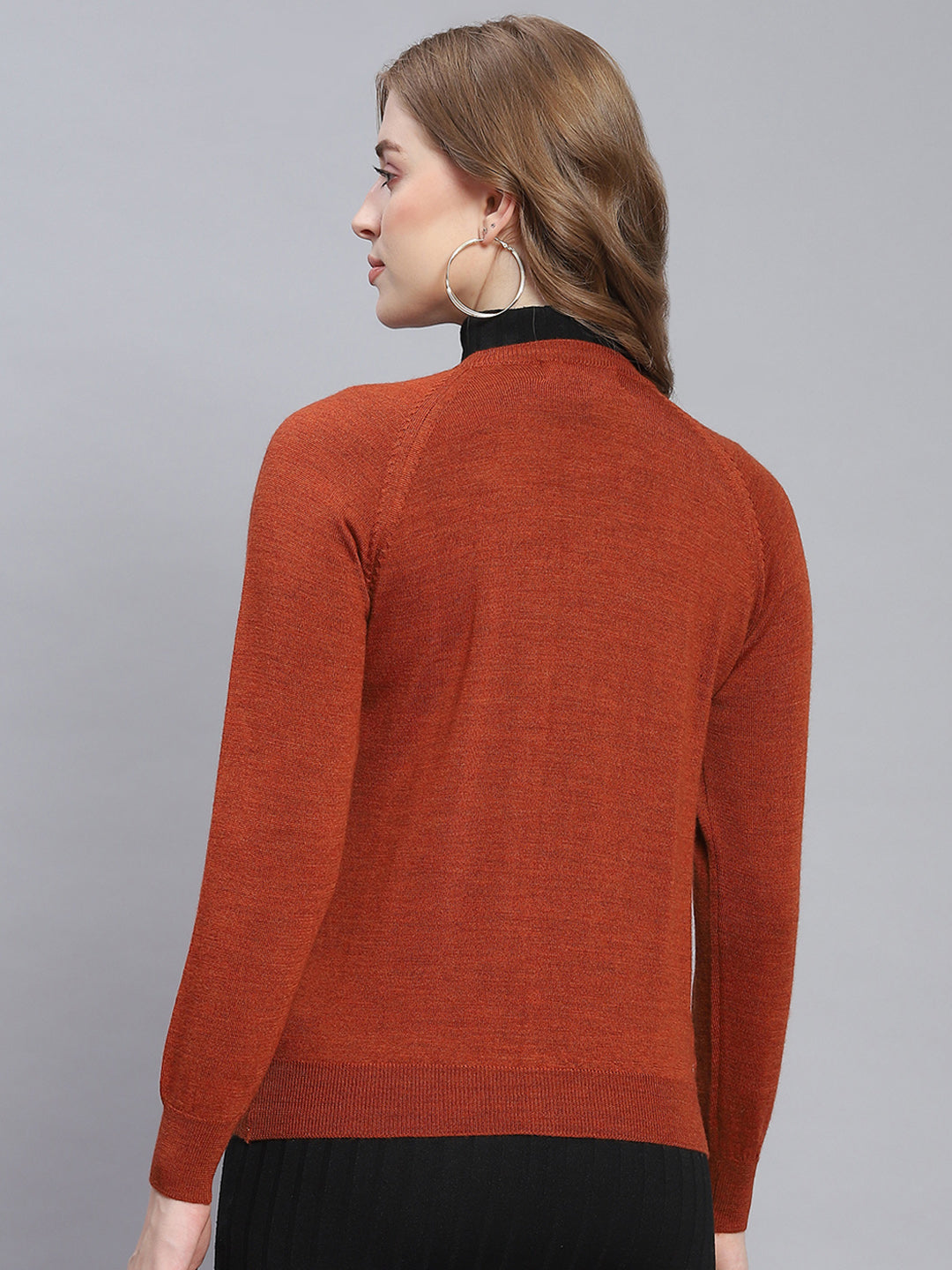 Women Rust Solid Round Neck Full Sleeve Cardigans