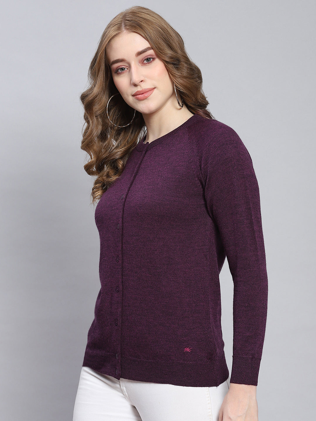 Women Purple Solid Round Neck Full Sleeve Cardigans