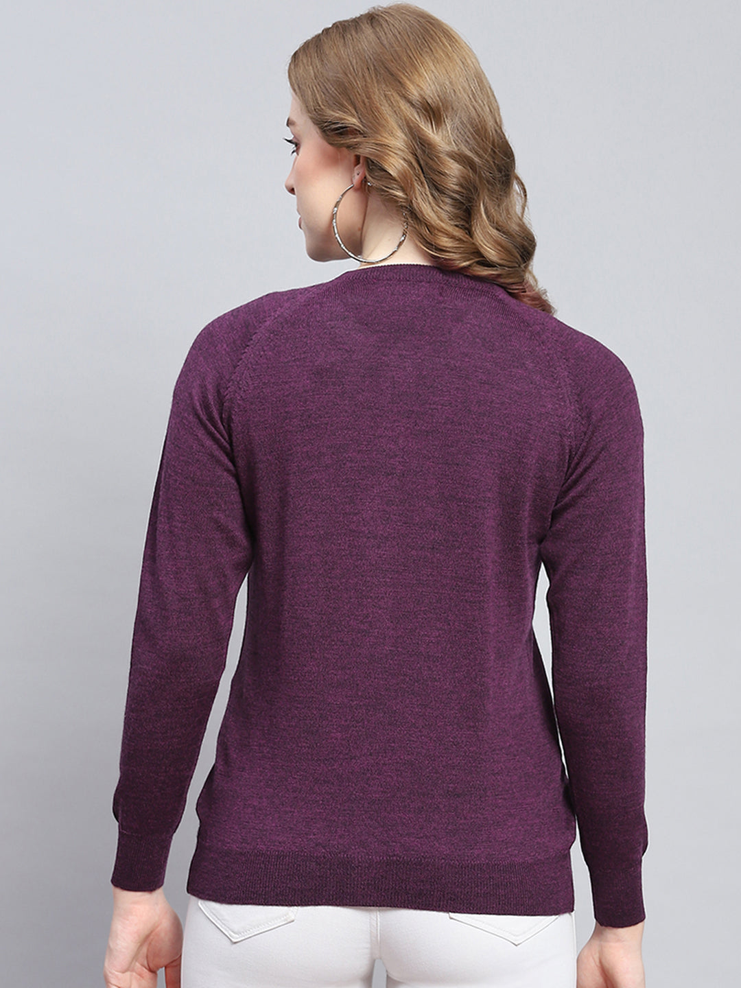 Women Purple Solid Round Neck Full Sleeve Cardigans