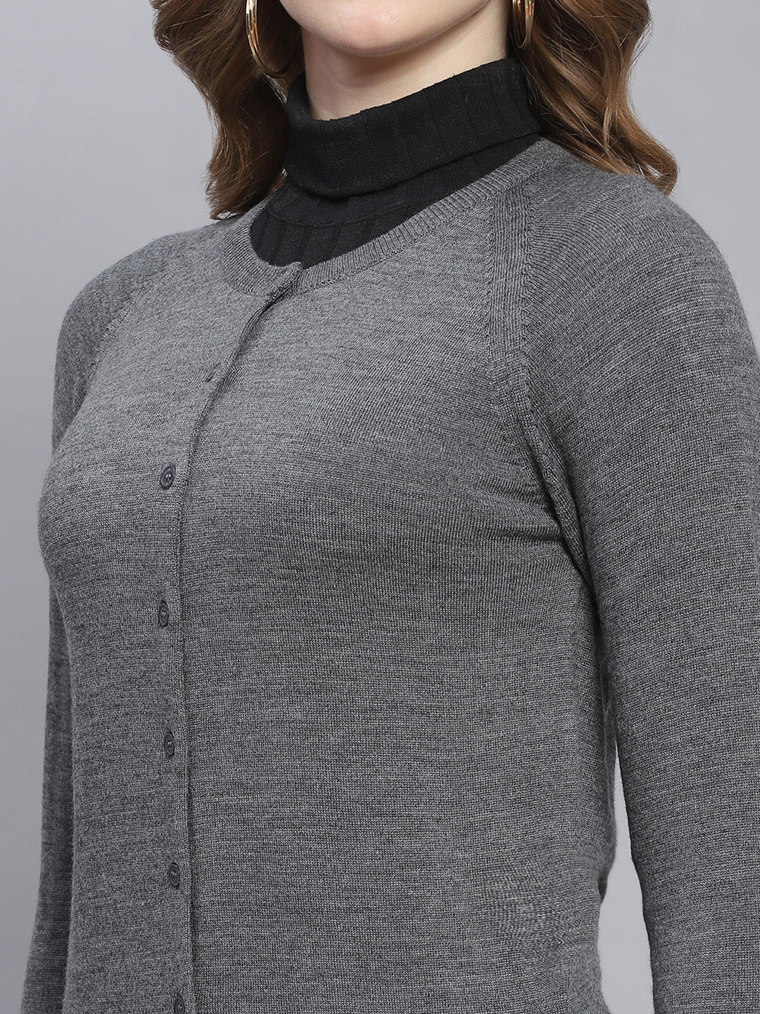 Women Grey Solid Round Neck Full Sleeve Cardigans