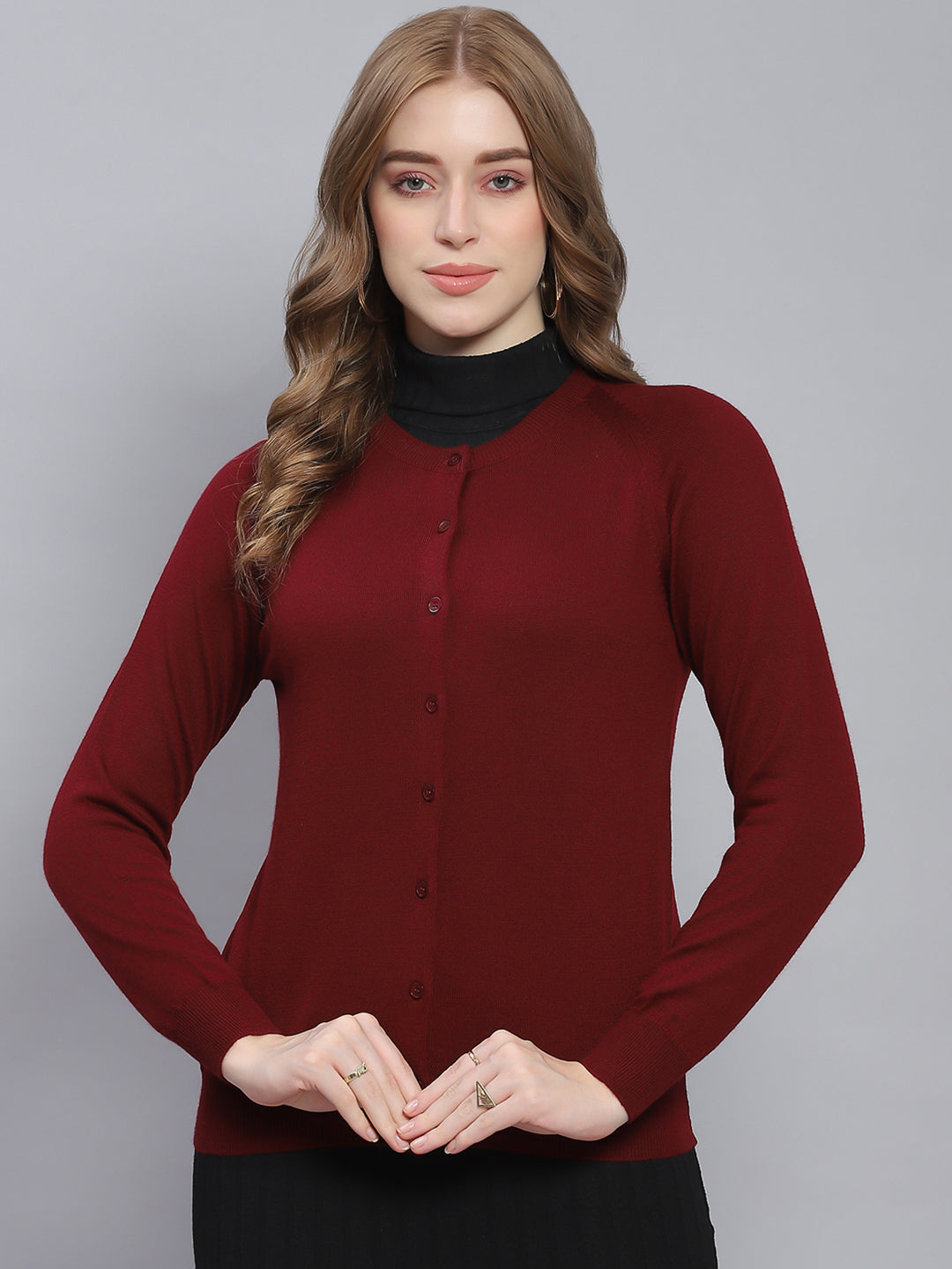 Women Maroon Solid Round Neck Full Sleeve Cardigans