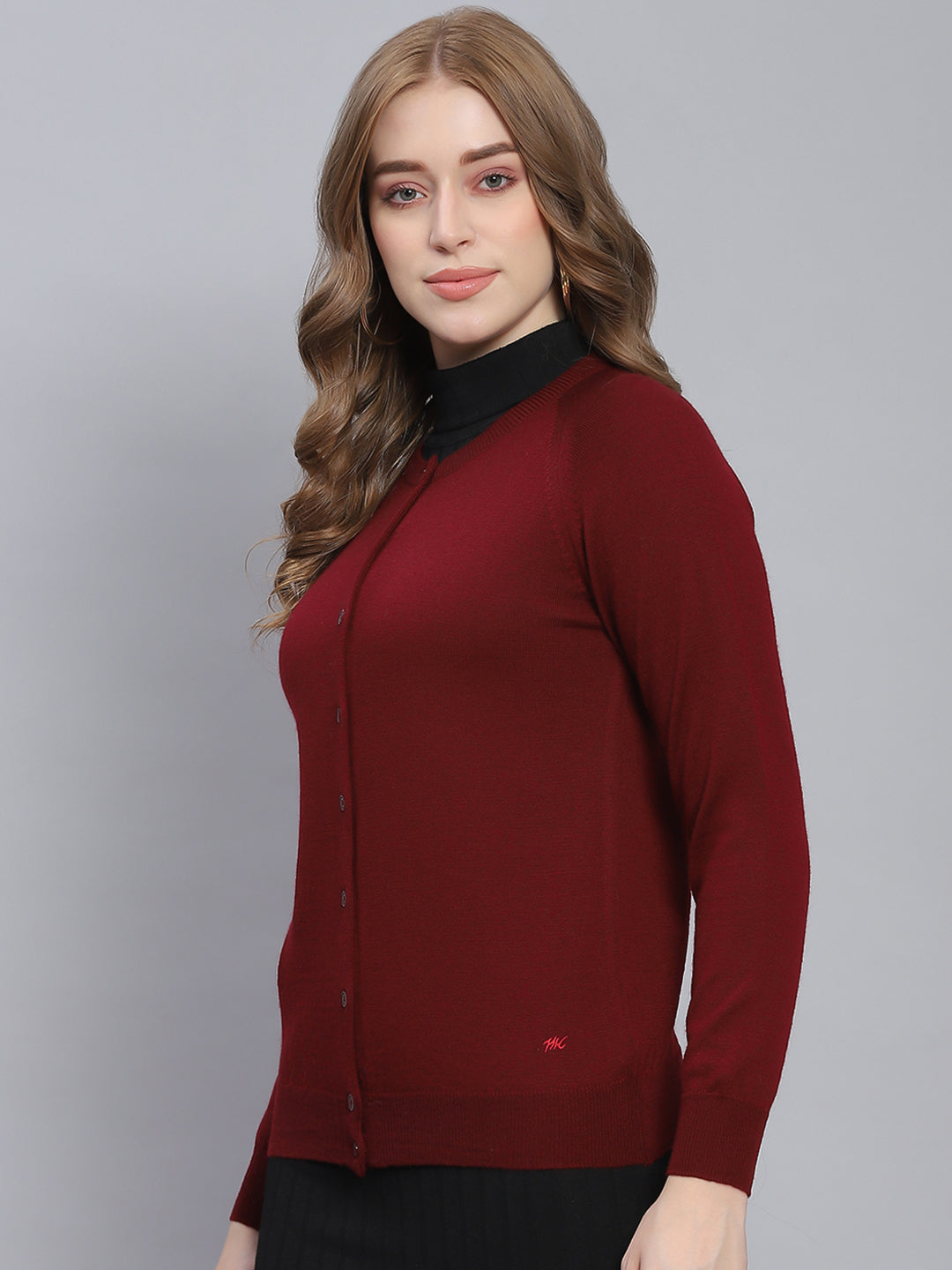 Women Maroon Solid Round Neck Full Sleeve Cardigans