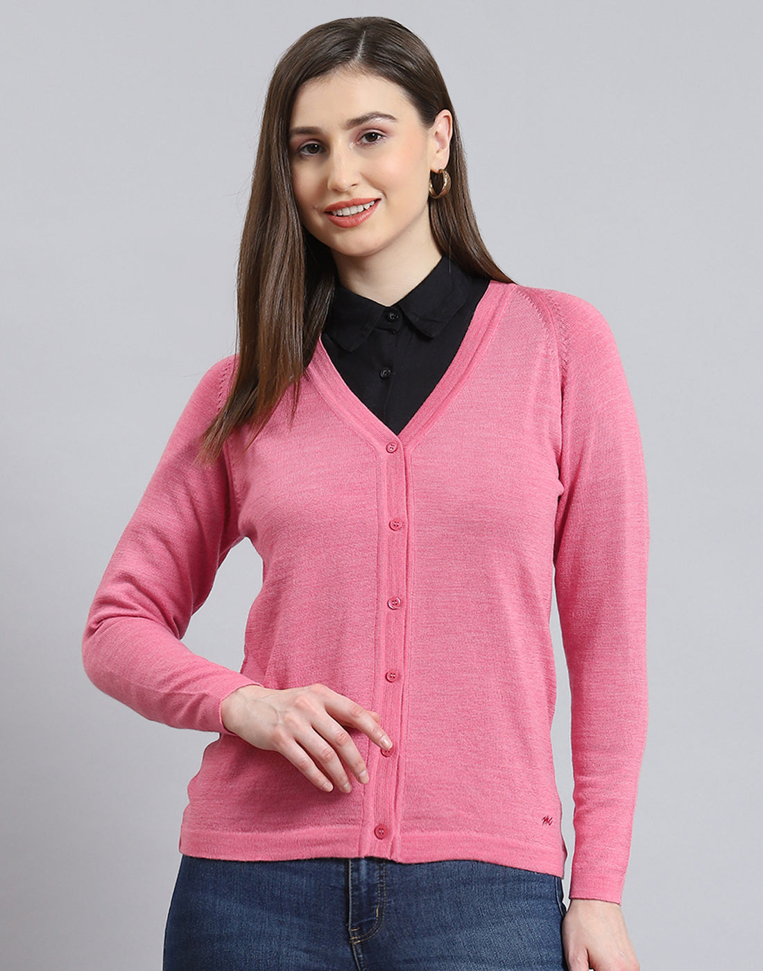Women Pink Solid V Neck Full Sleeve Cardigan