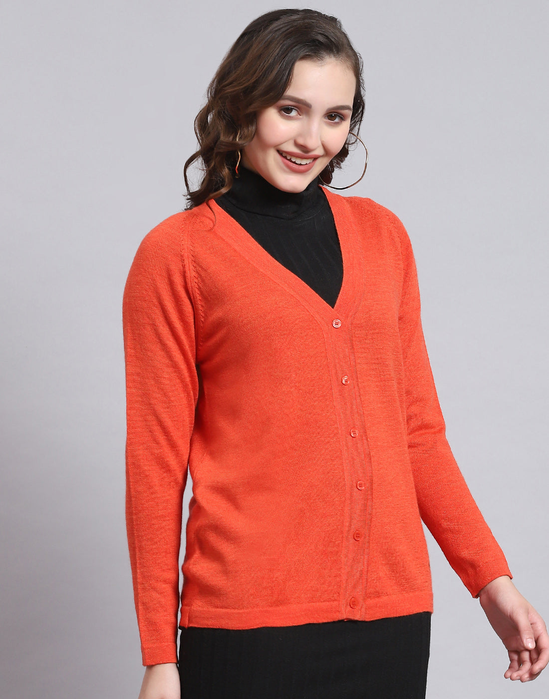 Women Orange Solid V Neck Full Sleeve Sweater