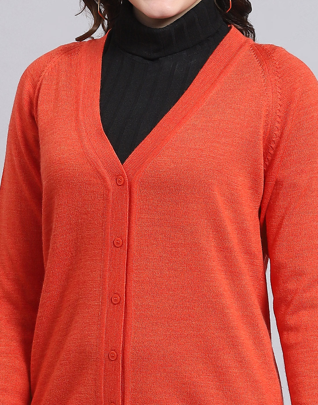 Women Orange Solid V Neck Full Sleeve Sweater