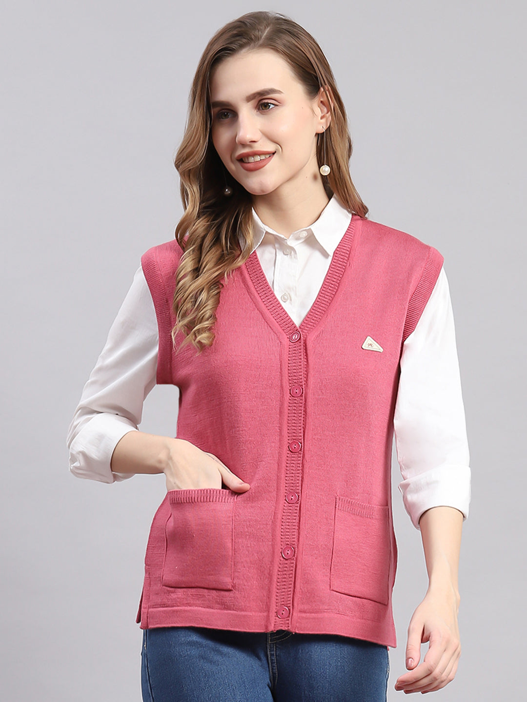 Women Pink Solid V Neck Sleeveless Cardigans
