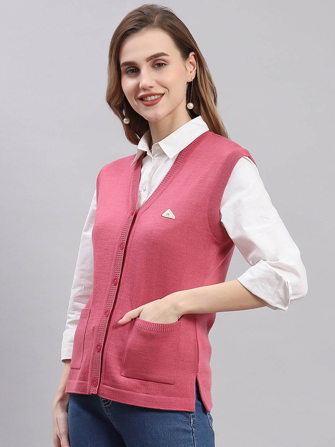 Women Pink Solid V Neck Sleeveless Cardigans