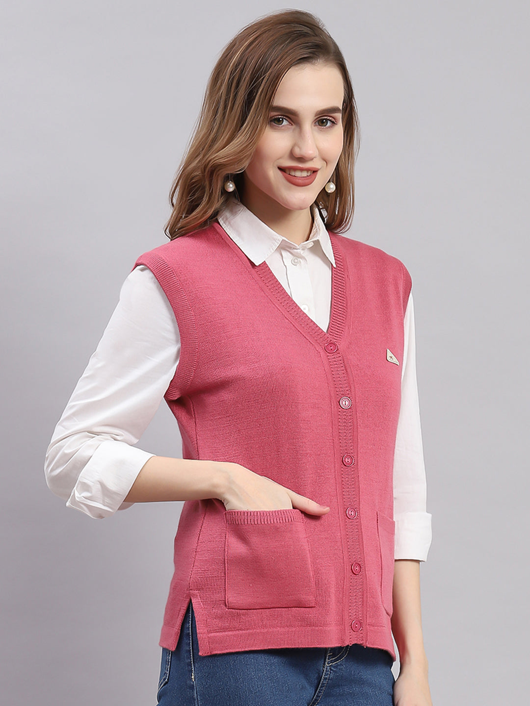 Women Pink Solid V Neck Sleeveless Cardigans