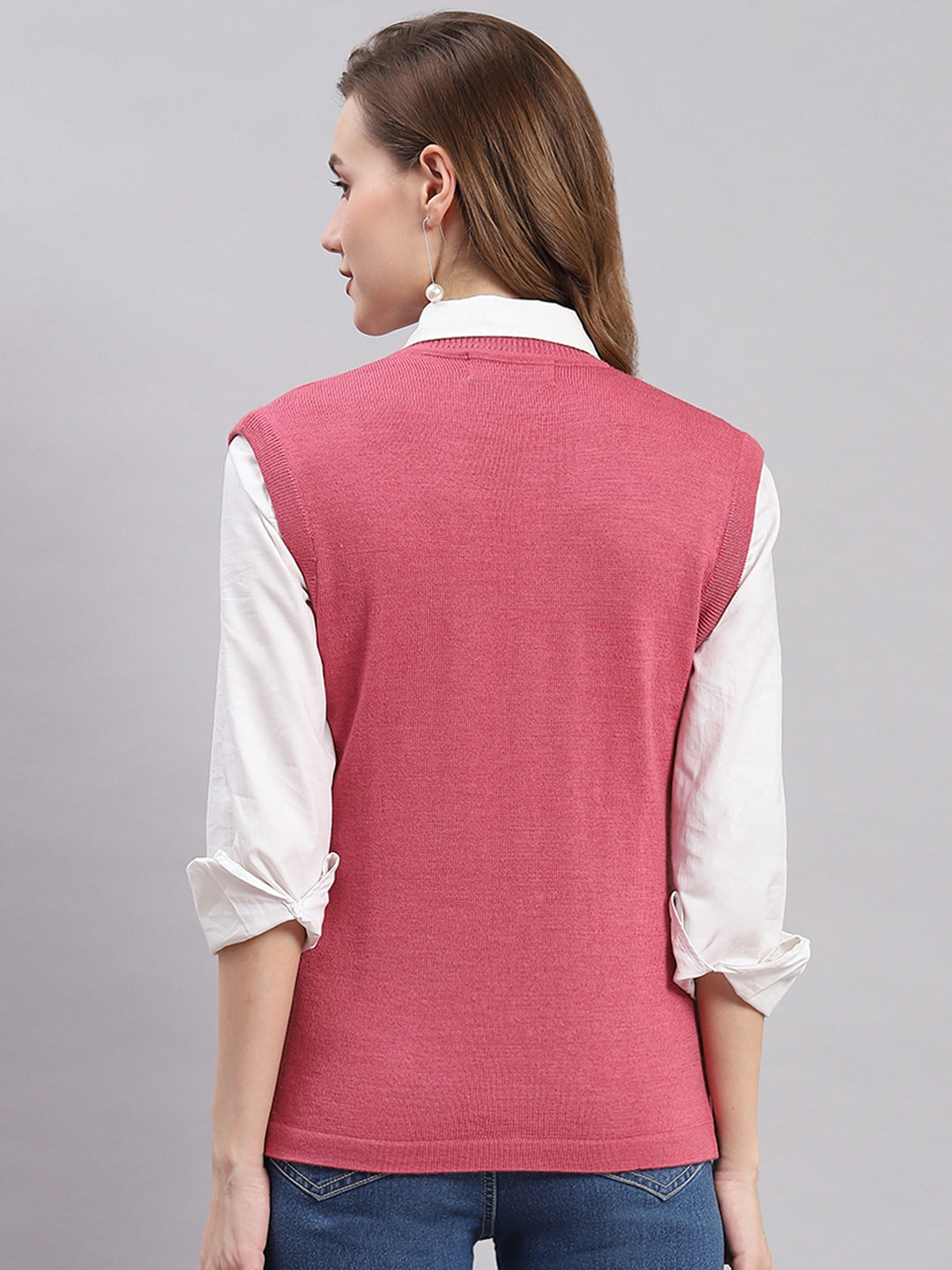 Women Pink Solid V Neck Sleeveless Cardigans