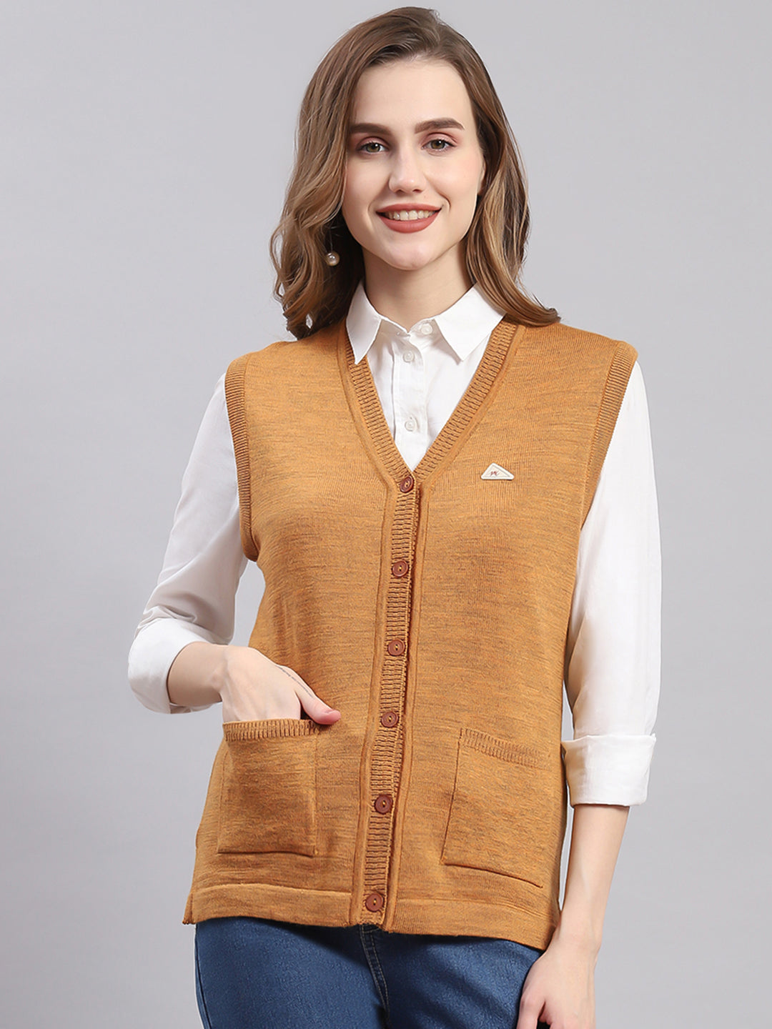 Women Brown Solid V Neck Sleeveless Cardigans