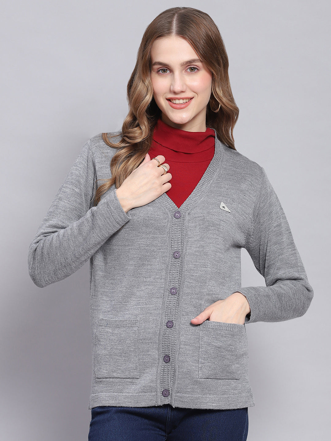 Women Grey Melange Solid V Neck Full Sleeve Cardigans