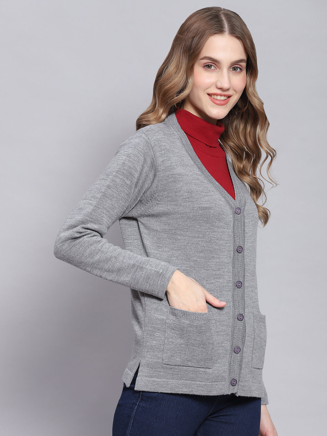 Women Grey Melange Solid V Neck Full Sleeve Cardigans