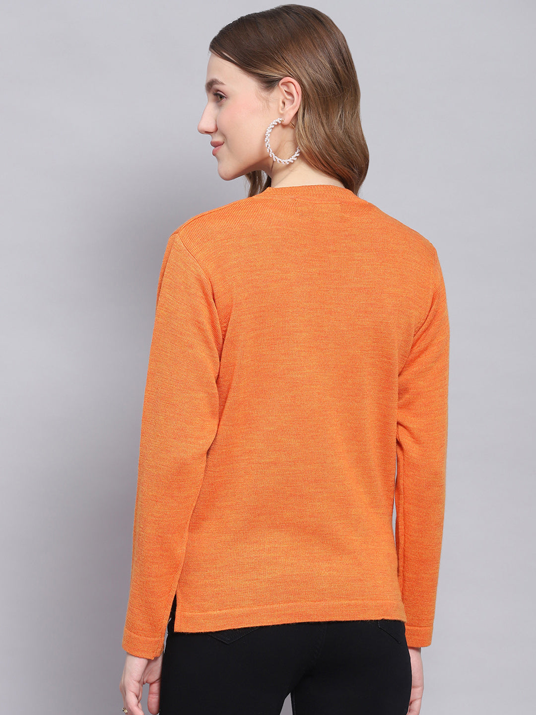 Women Orange Solid V Neck Full Sleeve Cardigans