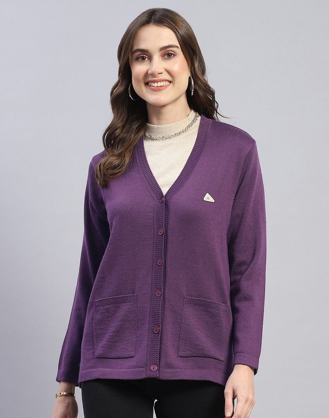 Women Purple Solid V Neck Full Sleeve Cardigan