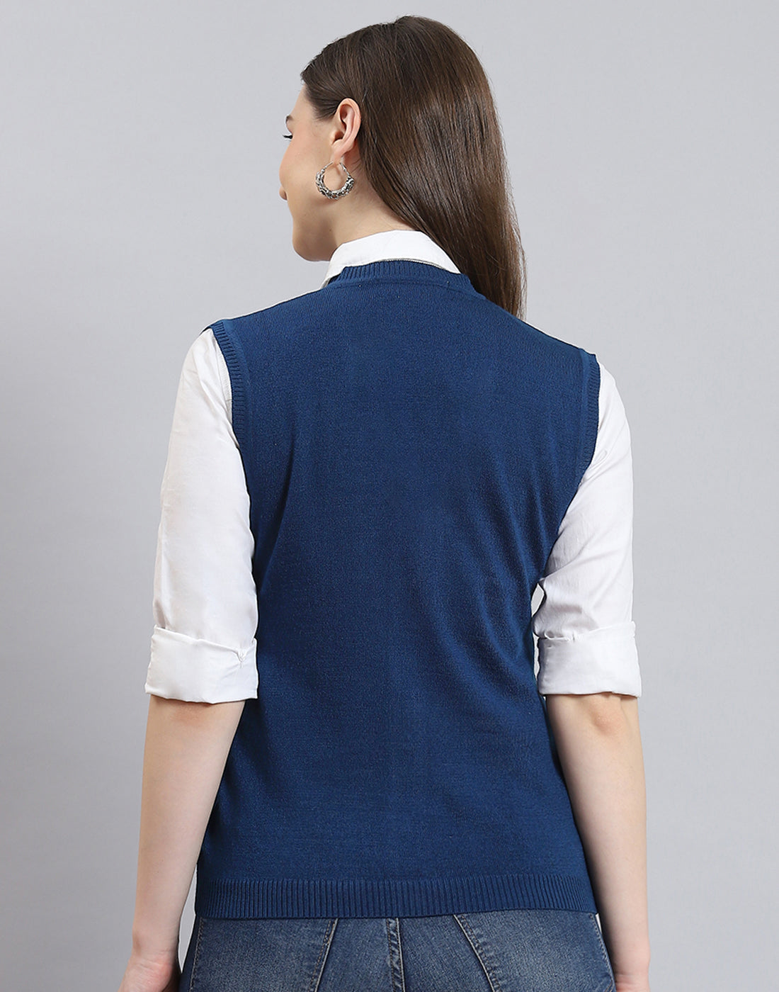 Women Blue Solid V Neck Sleeveless Cardigan