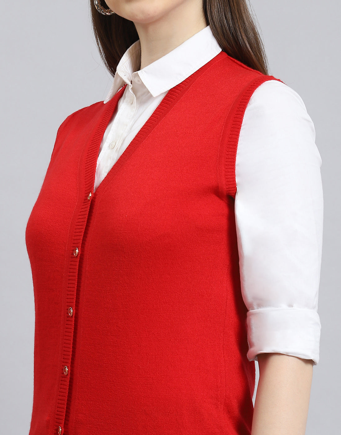 Women Red Solid V Neck Sleeveless Cardigan