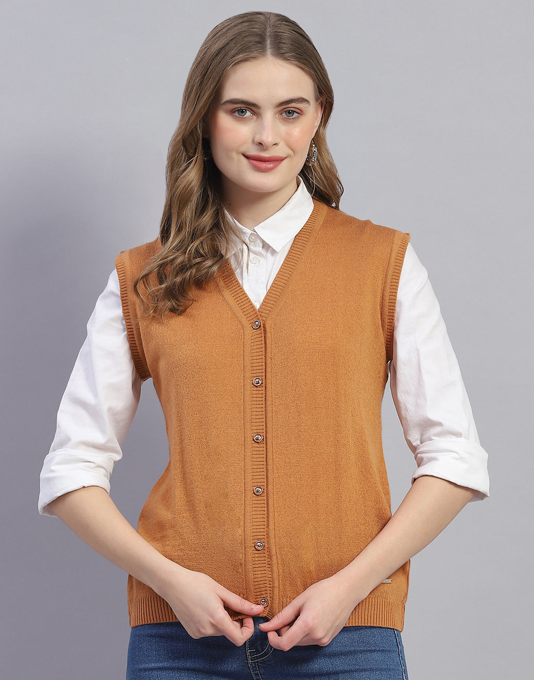 Women Mustard Solid V Neck Sleeveless Cardigan