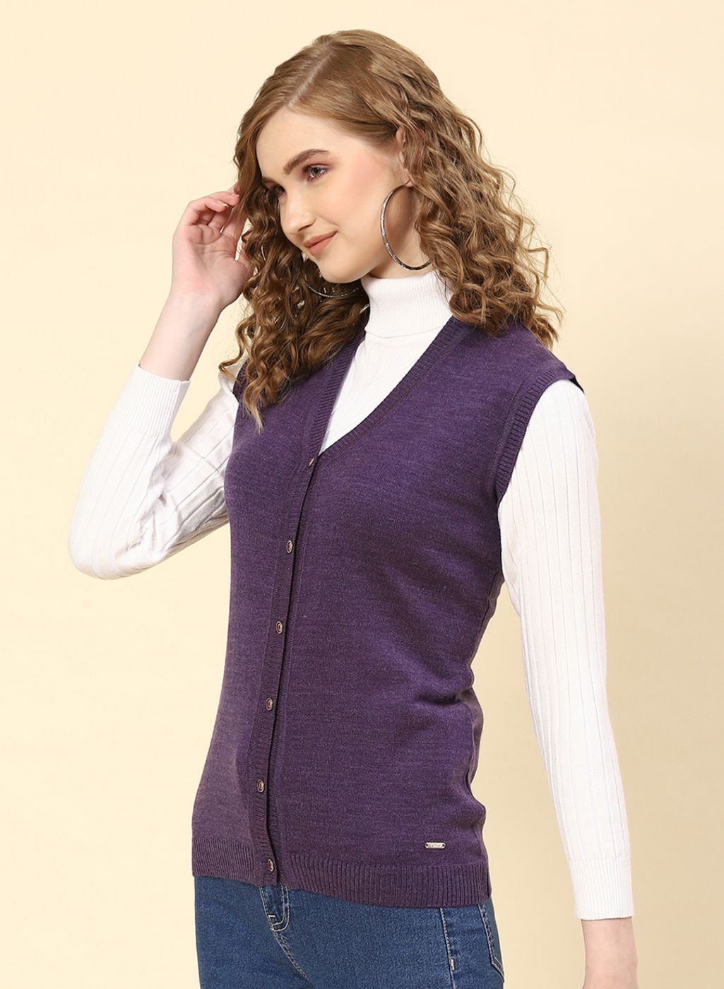 Women Purple Solid Wool blend Cardigan