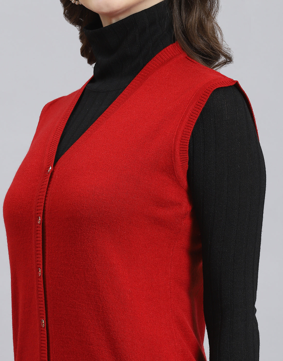 Women Red Solid V Neck Sleeveless Cardigan