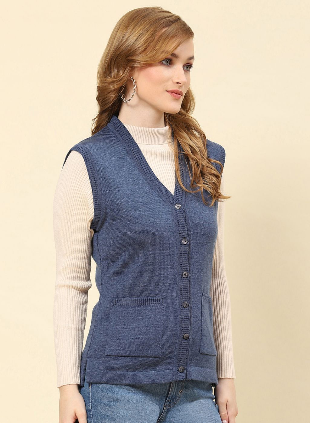 Women Blue Solid Blend wool Cardigan