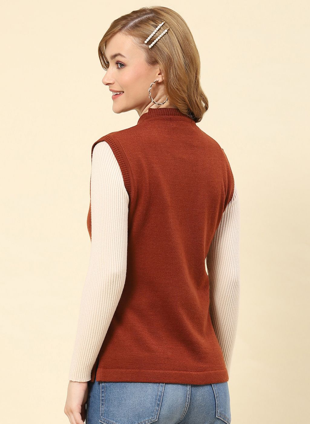Women Brown Solid Blend wool Cardigan