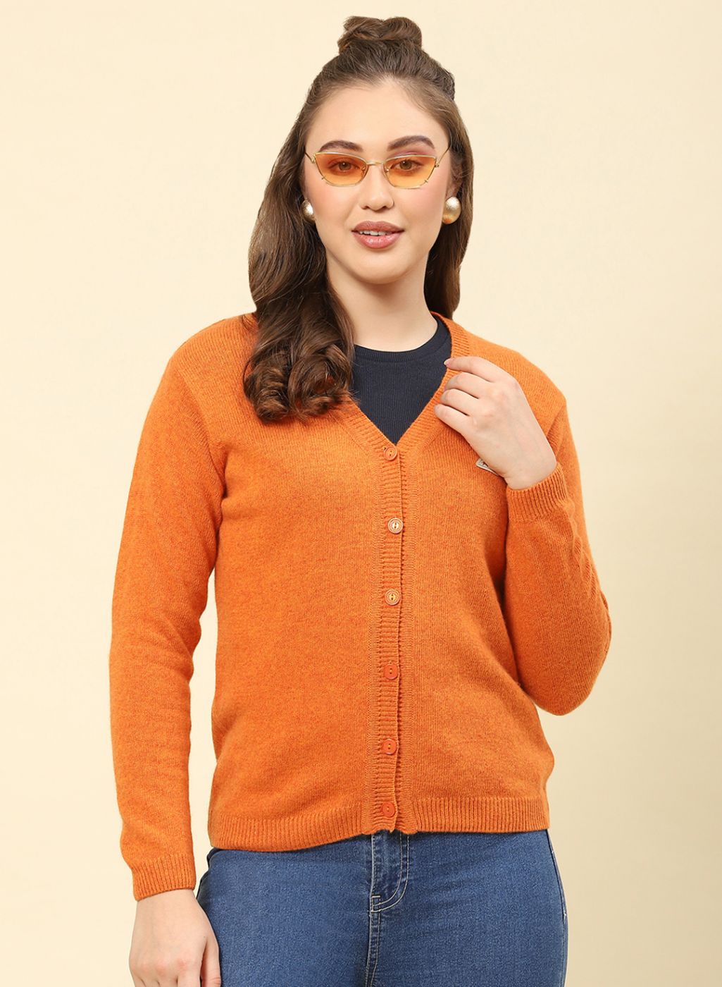 Women Orange Solid Lamb wool Cardigan