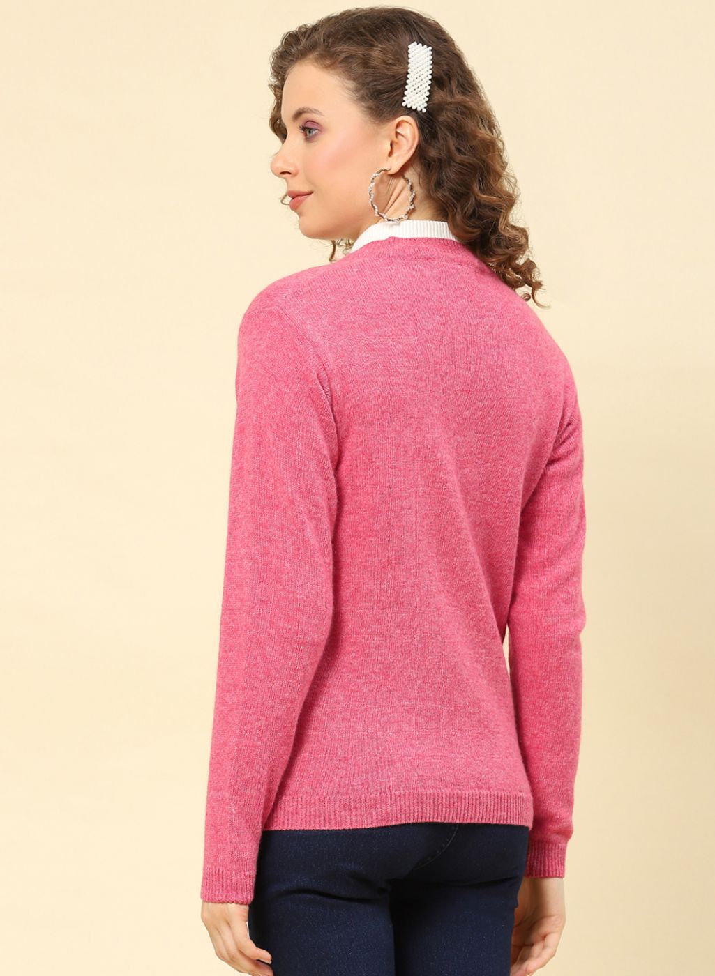 Women Pink Solid Lamb wool Cardigan