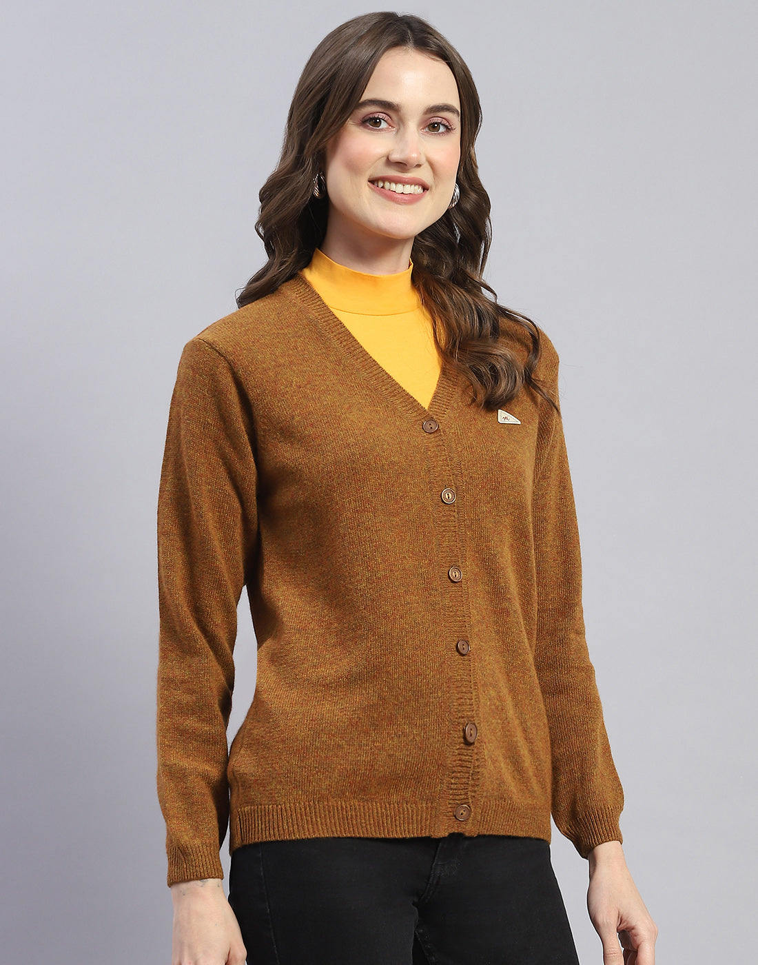 Women Brown Solid V Neck Full Sleeve Cardigan