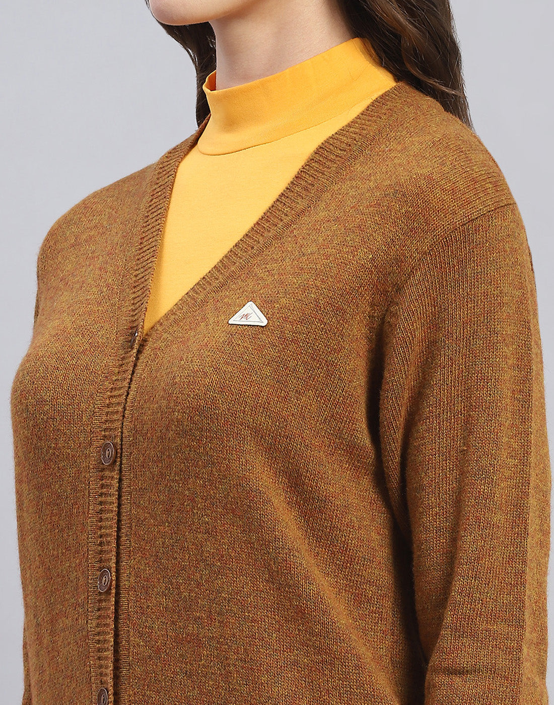 Women Brown Solid V Neck Full Sleeve Cardigan