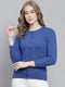 Women Blue Solid Round Neck Full Sleeve Cardigans