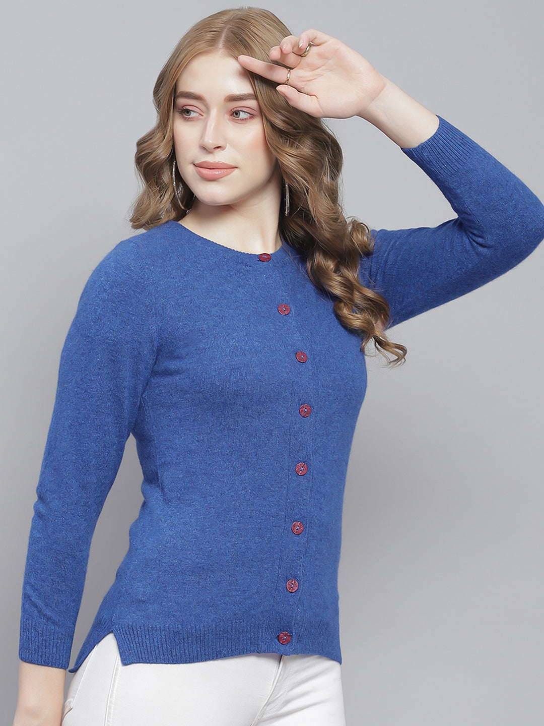 Women Blue Solid Round Neck Full Sleeve Cardigans