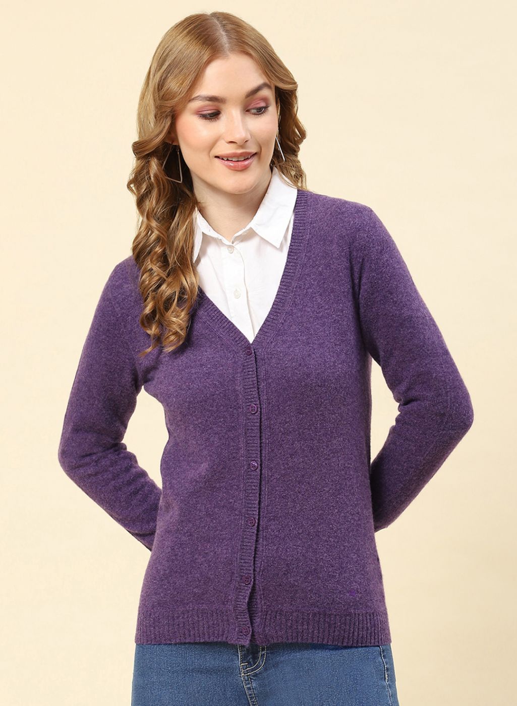 Women Purple Solid Lamb wool Cardigan