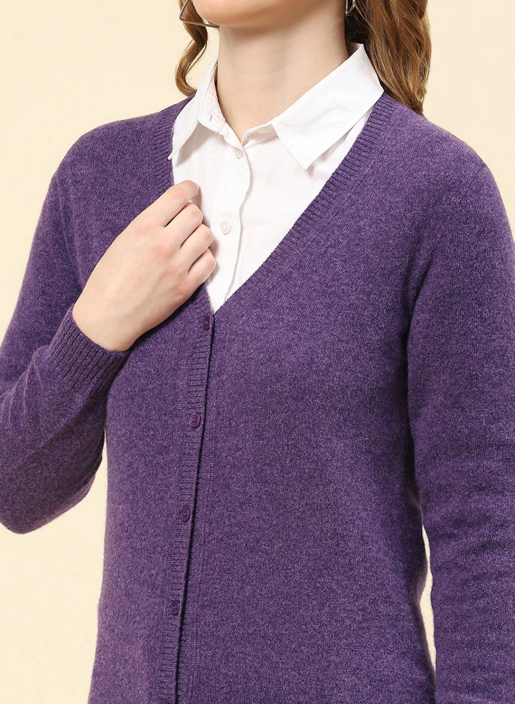 Women Purple Solid Lamb wool Cardigan
